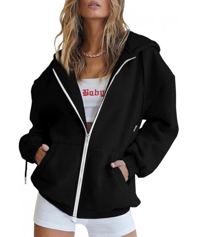 Womens Cute Hoodies Teen Girl Fall Jacket Oversized Sweatshirts Casual Drawstring Zip Up Y2K Hoodie with Pocket B16-black $2....