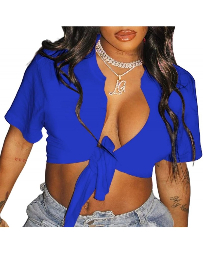 Womens Sexy Tie Front Crop Top Short Sleeve Casual Summer V Neck T Shirt Royal Blue $14.78 T-Shirts