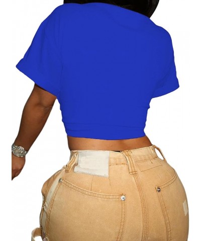 Womens Sexy Tie Front Crop Top Short Sleeve Casual Summer V Neck T Shirt Royal Blue $14.78 T-Shirts