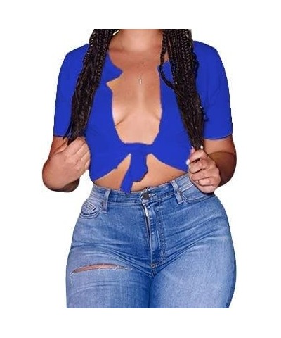 Womens Sexy Tie Front Crop Top Short Sleeve Casual Summer V Neck T Shirt Royal Blue $14.78 T-Shirts