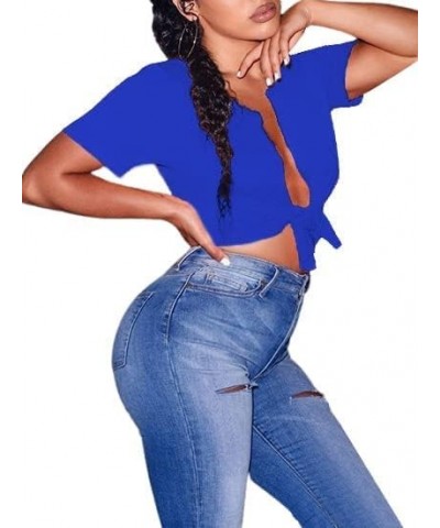 Womens Sexy Tie Front Crop Top Short Sleeve Casual Summer V Neck T Shirt Royal Blue $14.78 T-Shirts