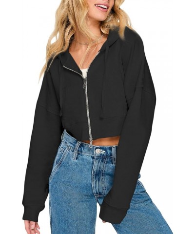 Womens Cropped Zip Up Hoodie Long Sleeve Y2K Crop Sweatshirts with Pockets Black $15.29 Hoodies & Sweatshirts