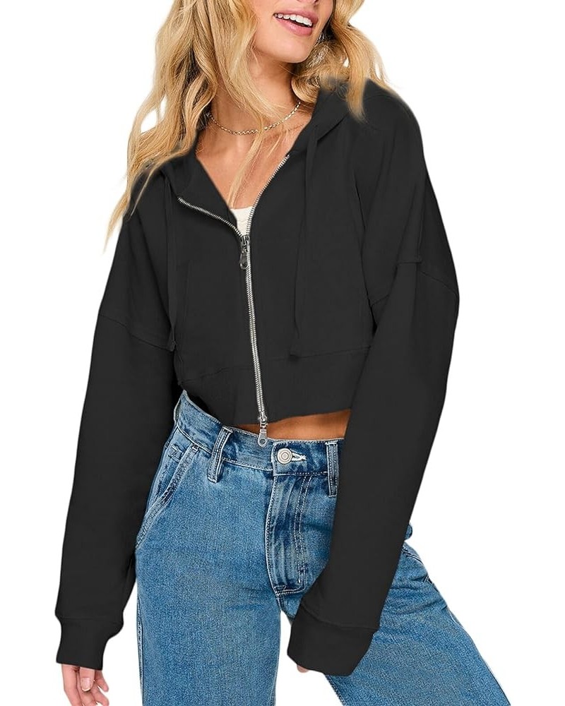 Womens Cropped Zip Up Hoodie Long Sleeve Y2K Crop Sweatshirts with Pockets Black $15.29 Hoodies & Sweatshirts