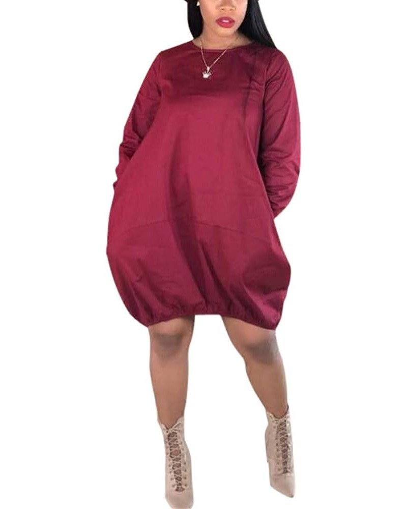 Women's Oversize Baggy T Shirt Causal Loose Party Short Midi Dresses with Pockets Wine(long Sleeve) $18.47 Dresses