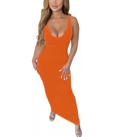 Women's Sexy U Neck Bodycon Midi Dress Floral Print Sleeveless Summer Sun Tank Dresses B-orange $8.99 Dresses