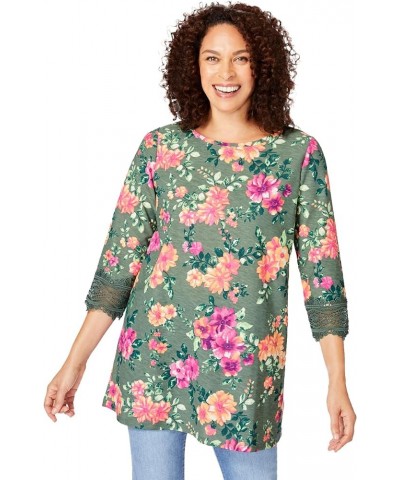 Women's Plus Size Crochet-Trim Three-Quarter Sleeve Tunic Pine Watercolor Floral $27.66 Tops