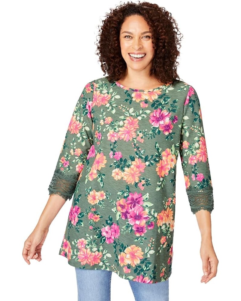 Women's Plus Size Crochet-Trim Three-Quarter Sleeve Tunic Pine Watercolor Floral $27.66 Tops