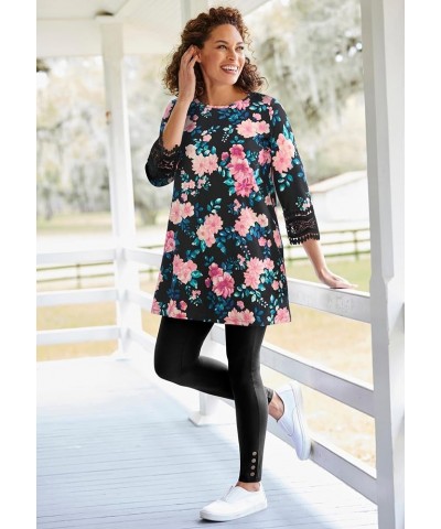 Women's Plus Size Crochet-Trim Three-Quarter Sleeve Tunic Pine Watercolor Floral $27.66 Tops