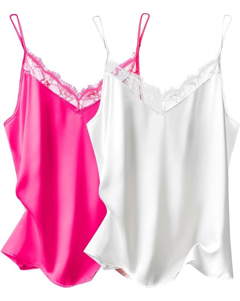 Women's 2 PCS Lace Silk Stain Cami Tank Top Basic V Neck Camisole Spaghetti Strap Tops White & Rose Red $16.63 Tanks