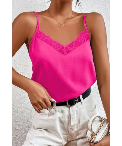 Women's 2 PCS Lace Silk Stain Cami Tank Top Basic V Neck Camisole Spaghetti Strap Tops White & Rose Red $16.63 Tanks