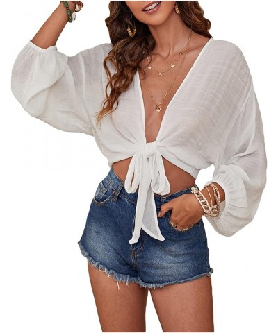 Women's Tie Front Beach Cover Ups Sheer Lantern Long Sleeve Kimono Swimwear White $14.26 Swimsuits