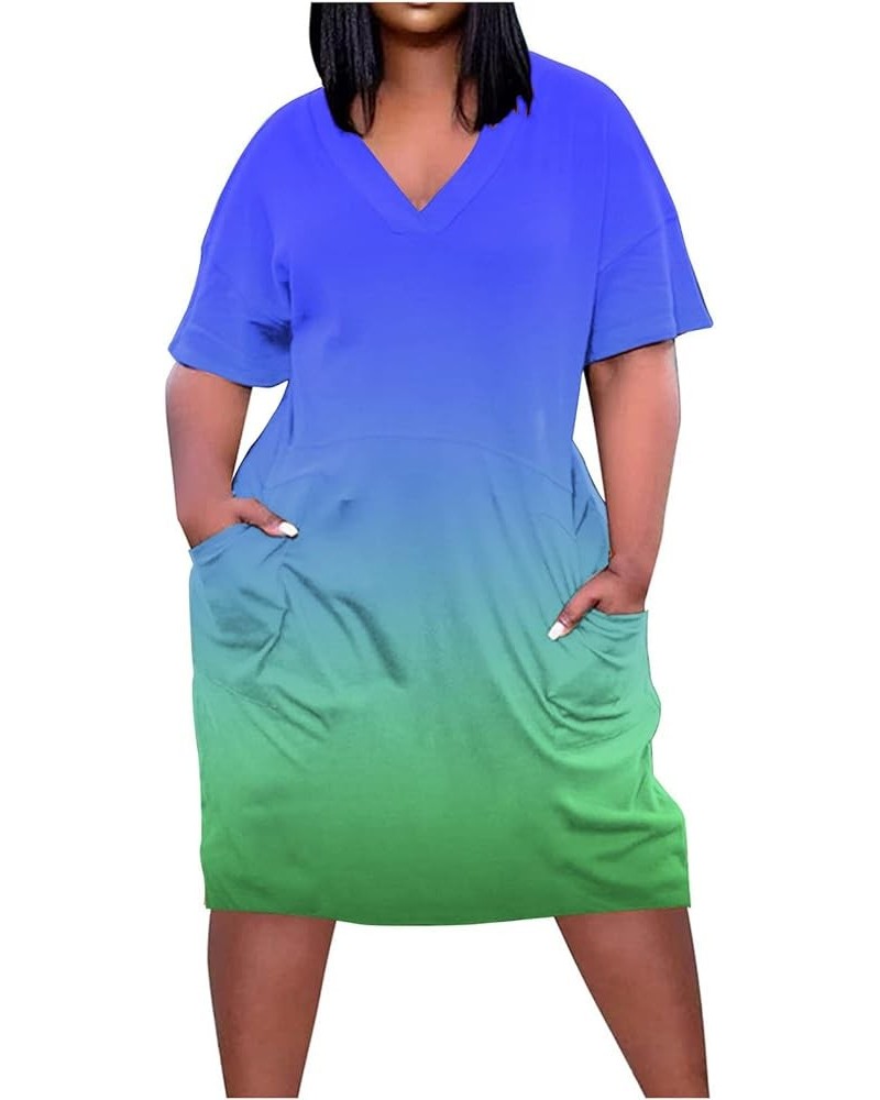 Women's Short Sleeve 2023 Plus Size Dresses Outfits V Neck Gradient Color Fashion Summer Sun Dress with Pockets 05-blue $8.84...