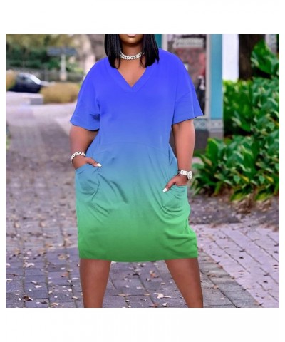 Women's Short Sleeve 2023 Plus Size Dresses Outfits V Neck Gradient Color Fashion Summer Sun Dress with Pockets 05-blue $8.84...