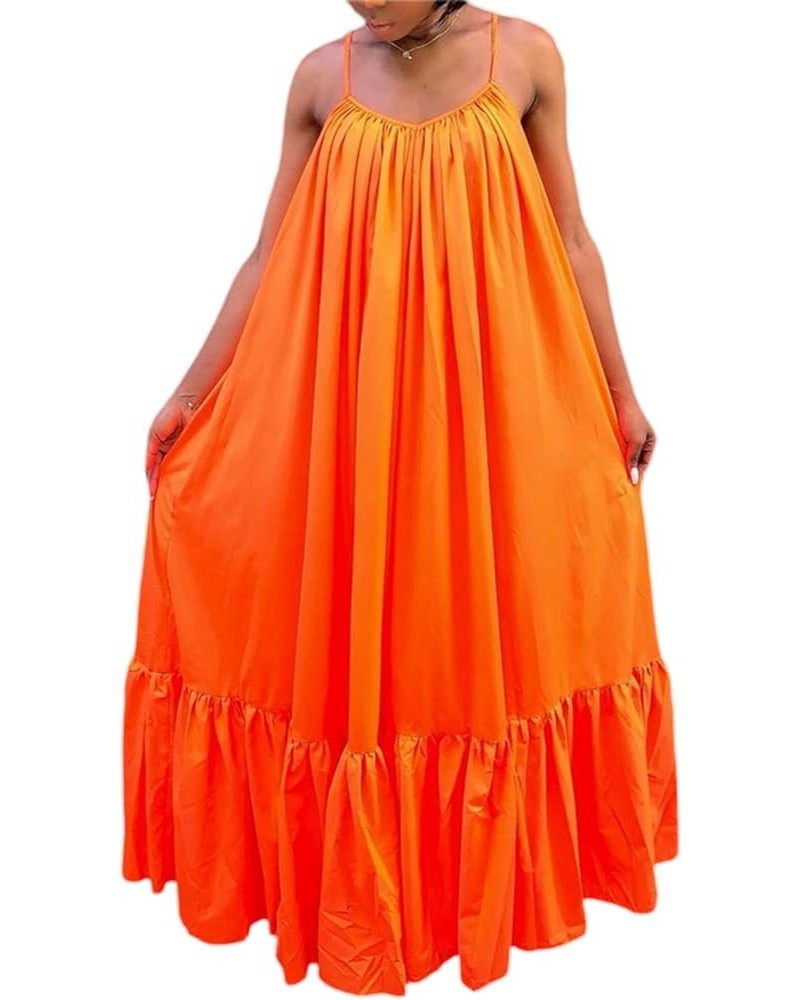 Women Sexy Spaghetti Strap Ruched Maxi Dress Ruffle Hem Bandage Long Dress Summer Loose Backless Swing Dress A Orange $10.91 ...