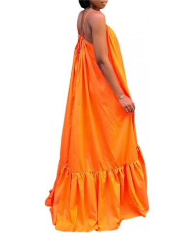 Women Sexy Spaghetti Strap Ruched Maxi Dress Ruffle Hem Bandage Long Dress Summer Loose Backless Swing Dress A Orange $10.91 ...