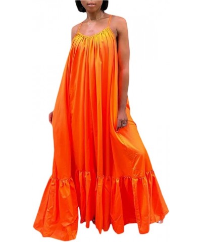 Women Sexy Spaghetti Strap Ruched Maxi Dress Ruffle Hem Bandage Long Dress Summer Loose Backless Swing Dress A Orange $10.91 ...