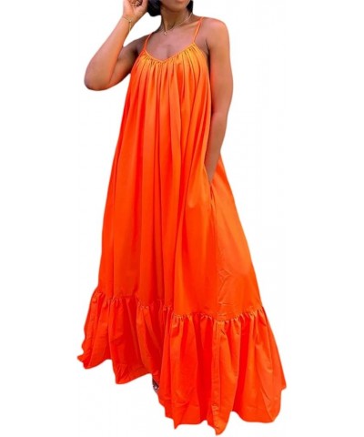 Women Sexy Spaghetti Strap Ruched Maxi Dress Ruffle Hem Bandage Long Dress Summer Loose Backless Swing Dress A Orange $10.91 ...