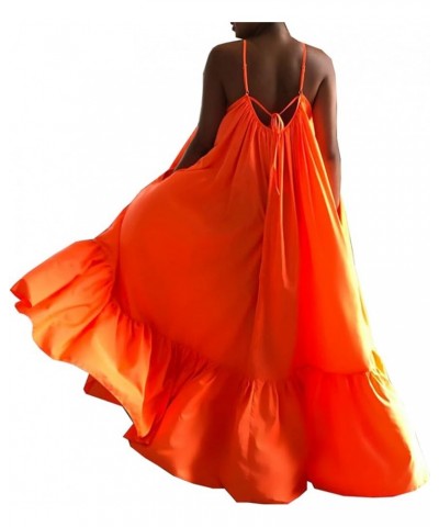 Women Sexy Spaghetti Strap Ruched Maxi Dress Ruffle Hem Bandage Long Dress Summer Loose Backless Swing Dress A Orange $10.91 ...