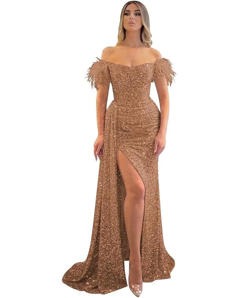 Feather Sequin Prom Dresses 2024 Off Shoulder Mermaid Formal Evening Gowns Sparkly Evening Party Dress with Slit Brown $43.48...