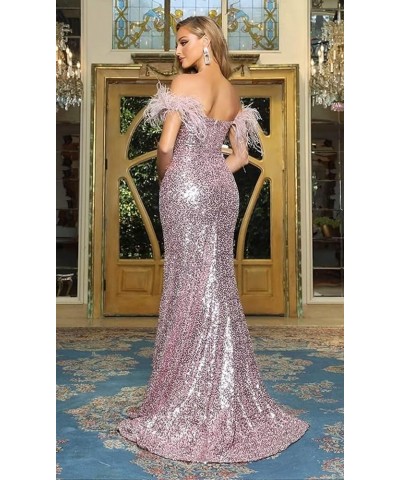 Feather Sequin Prom Dresses 2024 Off Shoulder Mermaid Formal Evening Gowns Sparkly Evening Party Dress with Slit Brown $43.48...