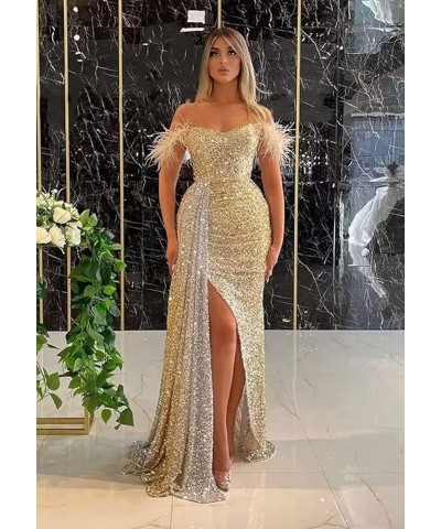 Feather Sequin Prom Dresses 2024 Off Shoulder Mermaid Formal Evening Gowns Sparkly Evening Party Dress with Slit Brown $43.48...