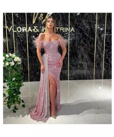 Feather Sequin Prom Dresses 2024 Off Shoulder Mermaid Formal Evening Gowns Sparkly Evening Party Dress with Slit Brown $43.48...