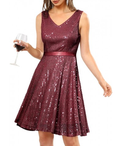 Cocktail Party Dress, Women's Sequin Sparkly Wedding Guest Dress, Glitter Sexy Prom Short Dress for Teen Burgundy $17.20 Dresses