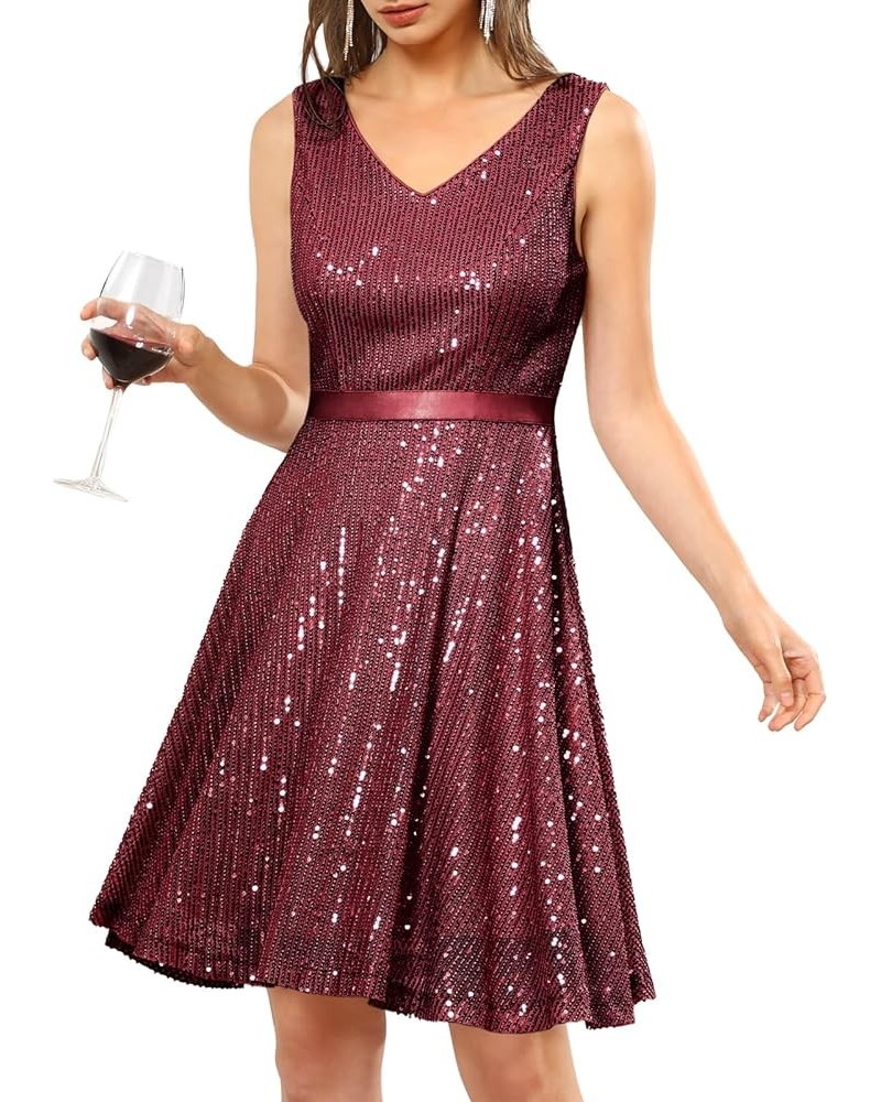 Cocktail Party Dress, Women's Sequin Sparkly Wedding Guest Dress, Glitter Sexy Prom Short Dress for Teen Burgundy $17.20 Dresses