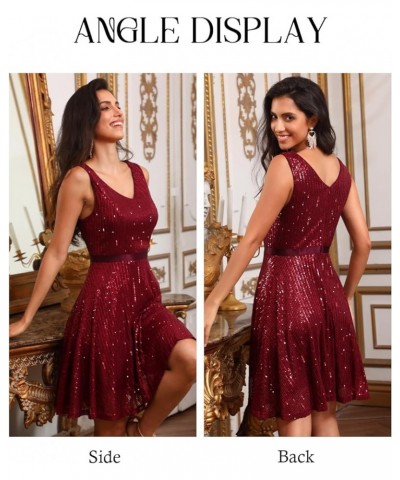 Cocktail Party Dress, Women's Sequin Sparkly Wedding Guest Dress, Glitter Sexy Prom Short Dress for Teen Burgundy $17.20 Dresses