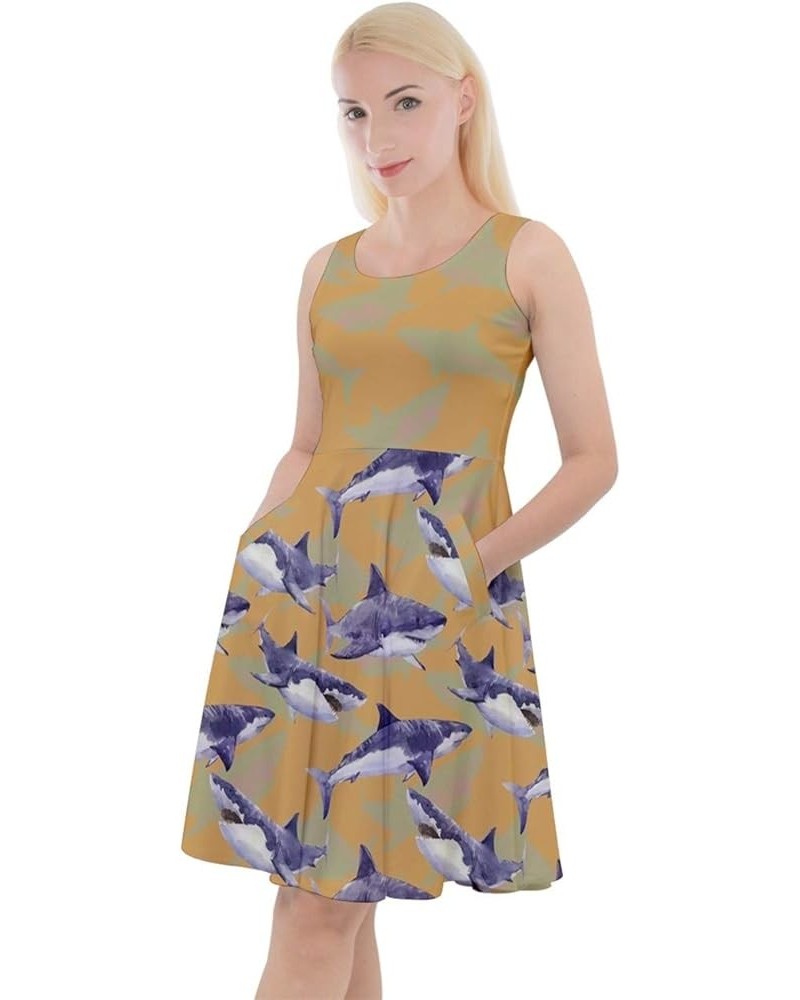 Womens Summer Dress Sea Animals Whales Sharks Dolphin Fish Knee Length Skater Dress with Pockets, XS-5XL Yellow Orange $13.44...