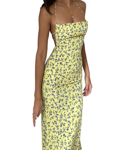 Y2K Floral Print Spaghetti Strap Bodycon Maxi Dress Deep V Neck Long Dress Sexy Backless Summer Streetwear S-yellow Nineteen ...