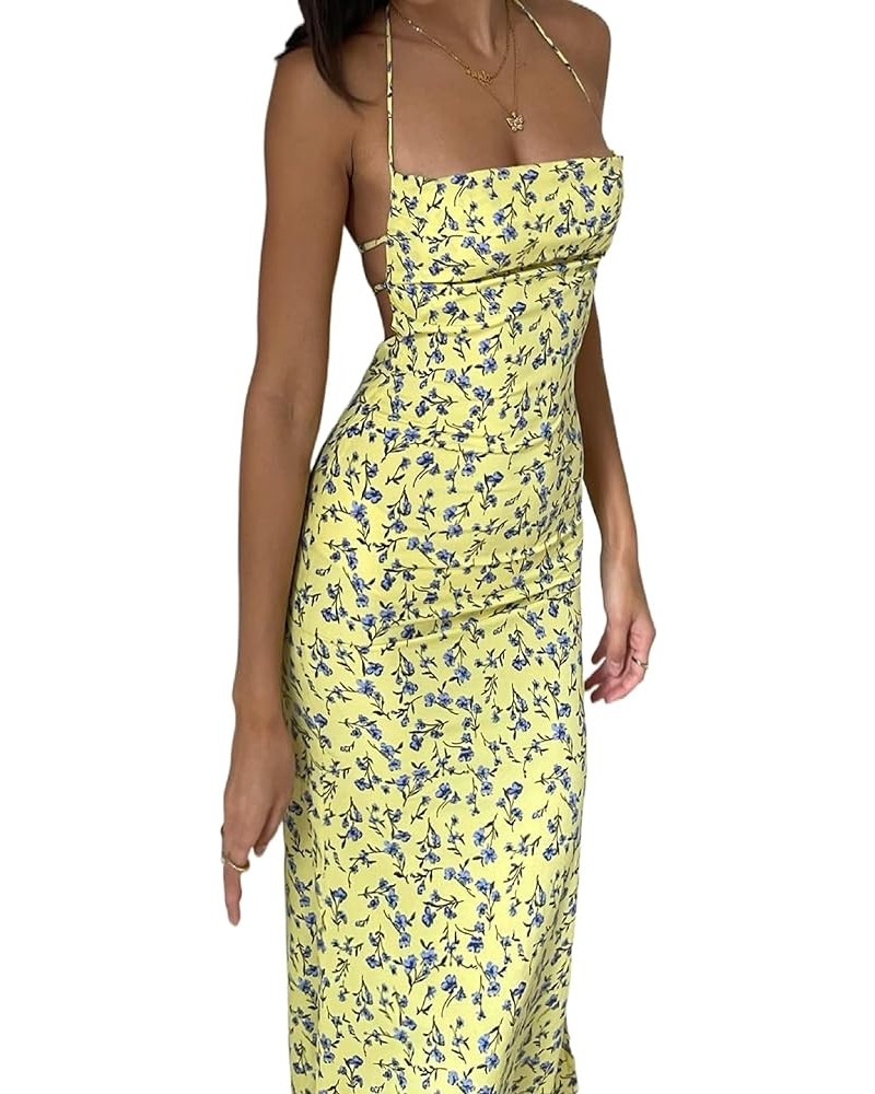 Y2K Floral Print Spaghetti Strap Bodycon Maxi Dress Deep V Neck Long Dress Sexy Backless Summer Streetwear S-yellow Nineteen ...