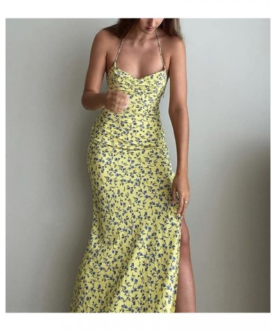 Y2K Floral Print Spaghetti Strap Bodycon Maxi Dress Deep V Neck Long Dress Sexy Backless Summer Streetwear S-yellow Nineteen ...