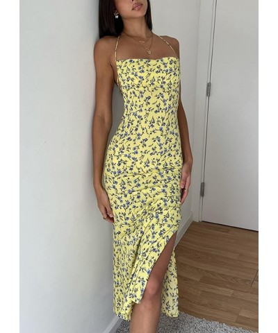 Y2K Floral Print Spaghetti Strap Bodycon Maxi Dress Deep V Neck Long Dress Sexy Backless Summer Streetwear S-yellow Nineteen ...