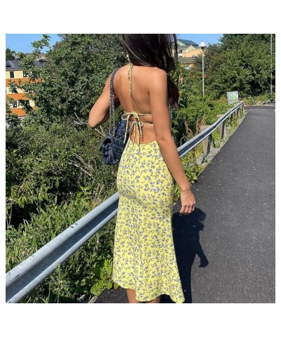 Y2K Floral Print Spaghetti Strap Bodycon Maxi Dress Deep V Neck Long Dress Sexy Backless Summer Streetwear S-yellow Nineteen ...