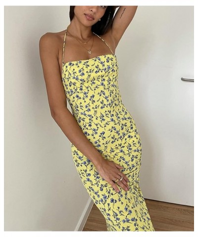 Y2K Floral Print Spaghetti Strap Bodycon Maxi Dress Deep V Neck Long Dress Sexy Backless Summer Streetwear S-yellow Nineteen ...