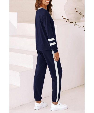 Women's 2024 Fall Two Piece Outfit Long Sleeve Crewneck Pullover Tops and Long Pants Tracksuit Striped Dark Blue $21.62 Activ...