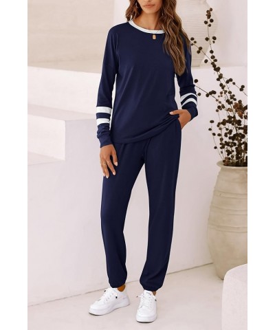 Women's 2024 Fall Two Piece Outfit Long Sleeve Crewneck Pullover Tops and Long Pants Tracksuit Striped Dark Blue $21.62 Activ...