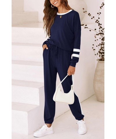 Women's 2024 Fall Two Piece Outfit Long Sleeve Crewneck Pullover Tops and Long Pants Tracksuit Striped Dark Blue $21.62 Activ...