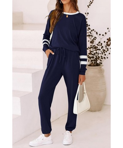 Women's 2024 Fall Two Piece Outfit Long Sleeve Crewneck Pullover Tops and Long Pants Tracksuit Striped Dark Blue $21.62 Activ...