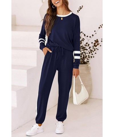 Women's 2024 Fall Two Piece Outfit Long Sleeve Crewneck Pullover Tops and Long Pants Tracksuit Striped Dark Blue $21.62 Activ...