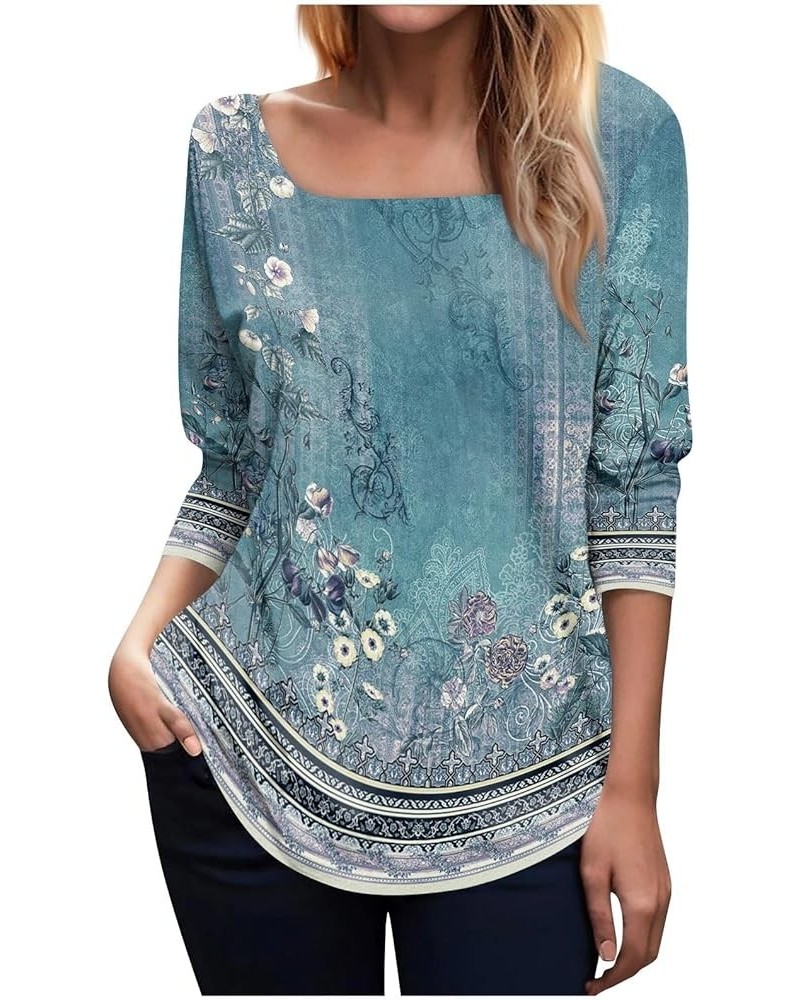 Womens Tops Floral Printed Shirt Square Neck Dressy Casual Plus Size Tunics Or Tops Tunic Tops S1738-sky Blue $10.02 Tops