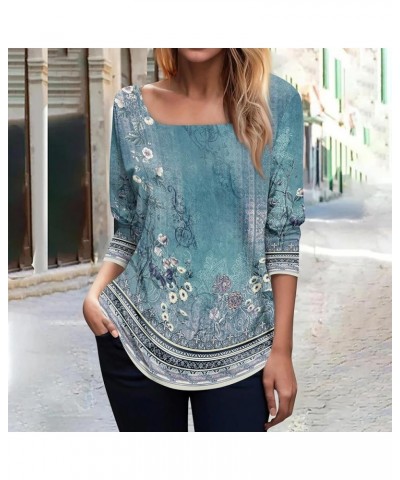 Womens Tops Floral Printed Shirt Square Neck Dressy Casual Plus Size Tunics Or Tops Tunic Tops S1738-sky Blue $10.02 Tops