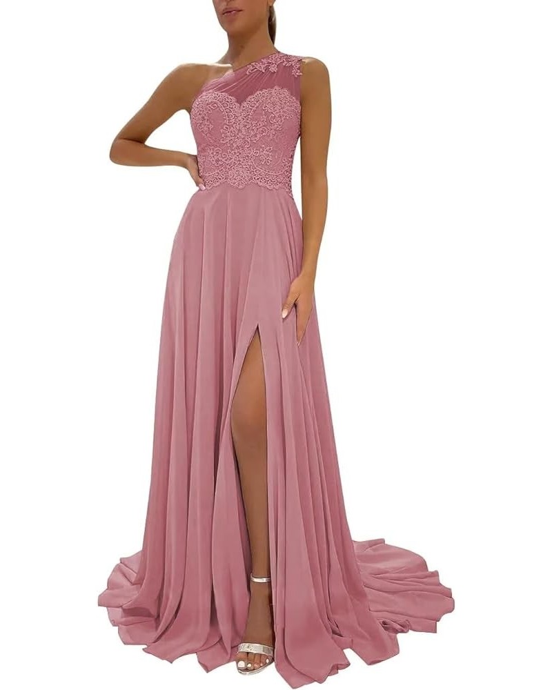 Women's One Shoulder Bridesmaid Dresses for Wedding Long Laces Appliques A-Line Slit Prom Dresses with Pockets Dusty Pink $38...