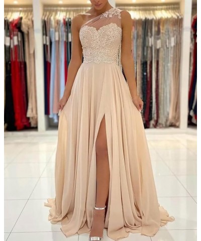 Women's One Shoulder Bridesmaid Dresses for Wedding Long Laces Appliques A-Line Slit Prom Dresses with Pockets Dusty Pink $38...