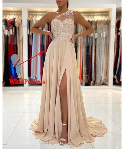 Women's One Shoulder Bridesmaid Dresses for Wedding Long Laces Appliques A-Line Slit Prom Dresses with Pockets Dusty Pink $38...