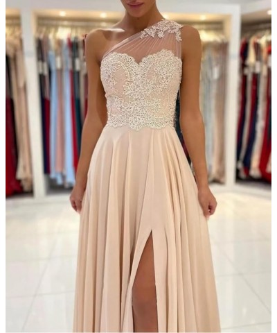 Women's One Shoulder Bridesmaid Dresses for Wedding Long Laces Appliques A-Line Slit Prom Dresses with Pockets Dusty Pink $38...