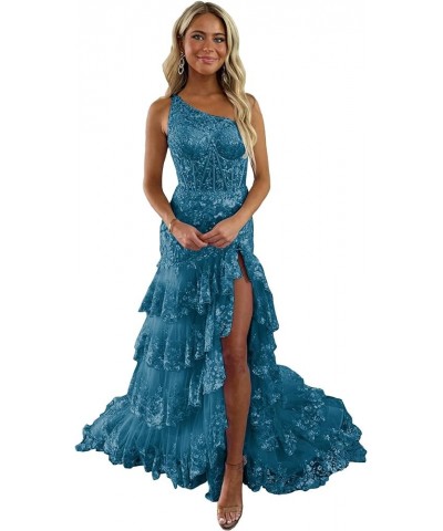 Tiered Lace One Shoulder Prom Dresses for Woman 2024 Tulle A-Line Formal Dress with Silt Peacock $44.94 Dresses