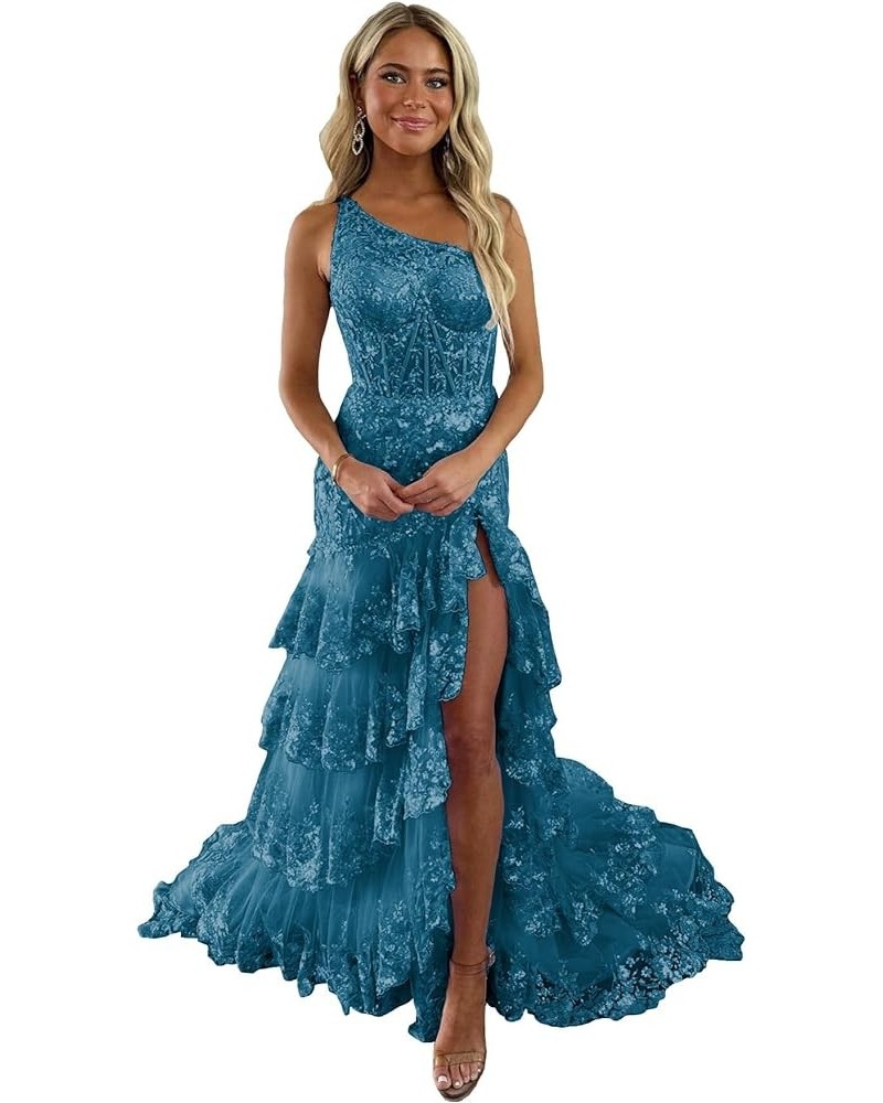 Tiered Lace One Shoulder Prom Dresses for Woman 2024 Tulle A-Line Formal Dress with Silt Peacock $44.94 Dresses