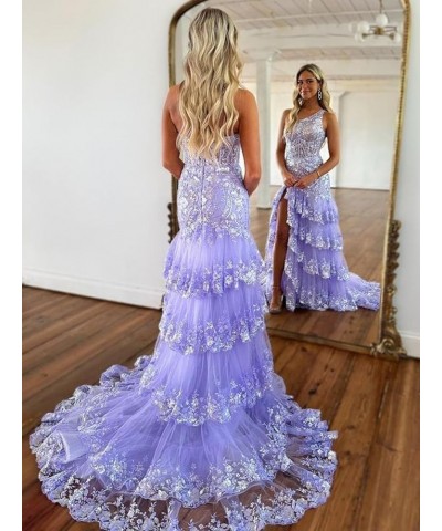 Tiered Lace One Shoulder Prom Dresses for Woman 2024 Tulle A-Line Formal Dress with Silt Peacock $44.94 Dresses